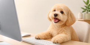 강아지가 즐거운 표정으로 컴퓨터 자판을 두들기고 있는 모습